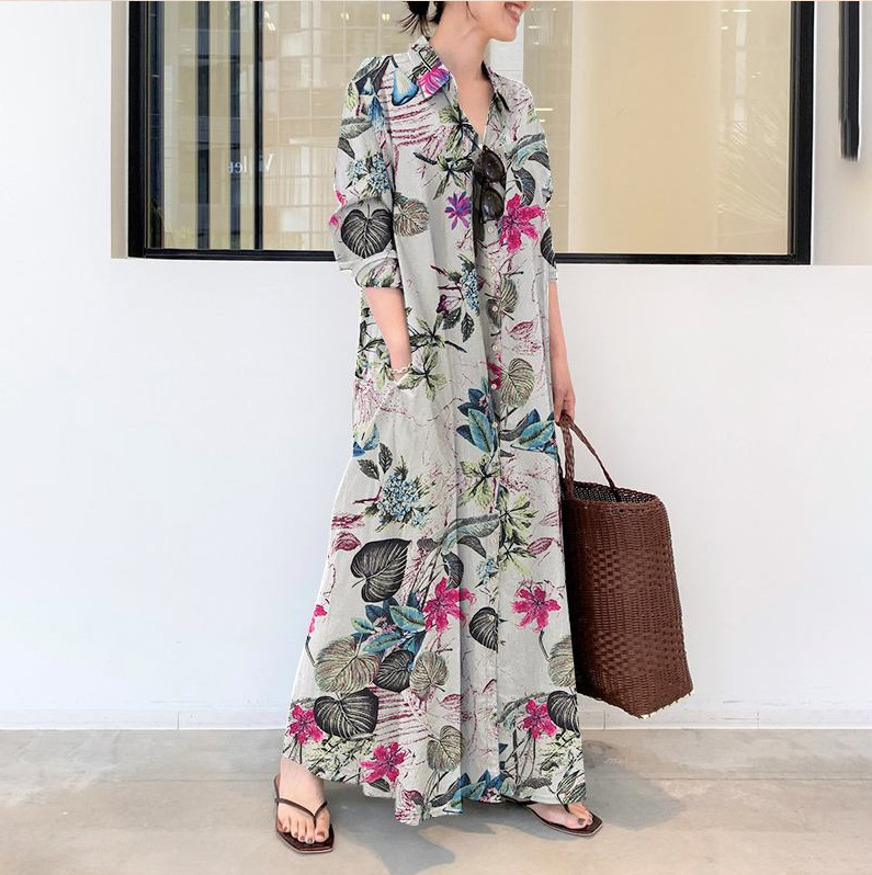 2022 New Style Cotton And Linen Printing Lapel Long-sleeved Pocket Simple Loose Casual Long Shirt Dress