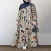 2022 Muslim Cotton and Linen Printed Round Neck Button Bubble Long Sleeve Elastic Cuffs Fashion Loose Casual Dress