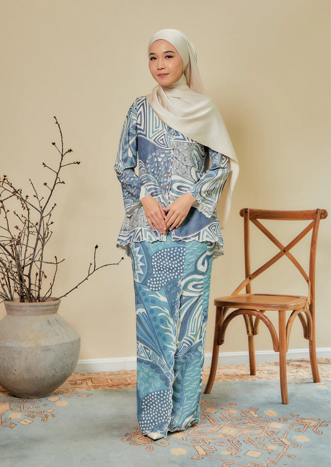 SIPO New Design Fashion Abaya Malaysia Baju Kurung Aqua Lake Crepe Mini Kurung with Sulam Biku Sleeves And Overlap Pencil Skirt Muslim Dress Baju Kurung for Women