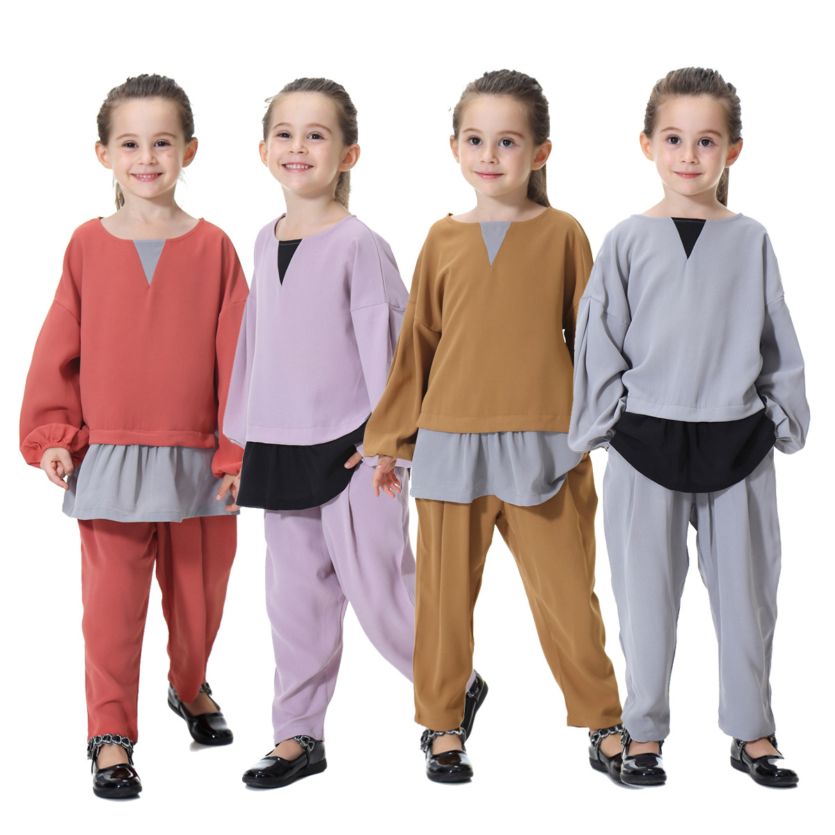 Dubai Children Patchwork Long Sleeves Long Pants Muslim Kids Islamic Girls Clothing Set