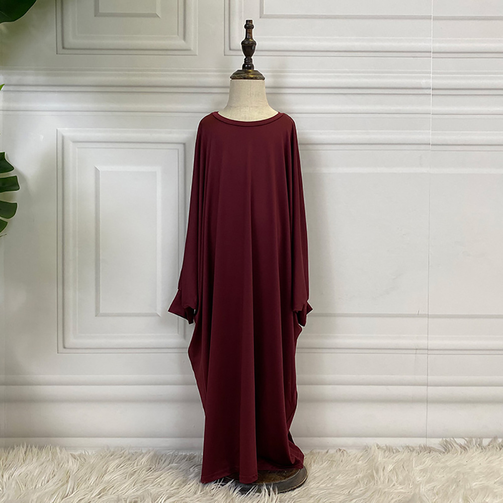 Middle East Pure Color Bat Sleeve Child Kid Modest Muslim Islamic Abaya (3)