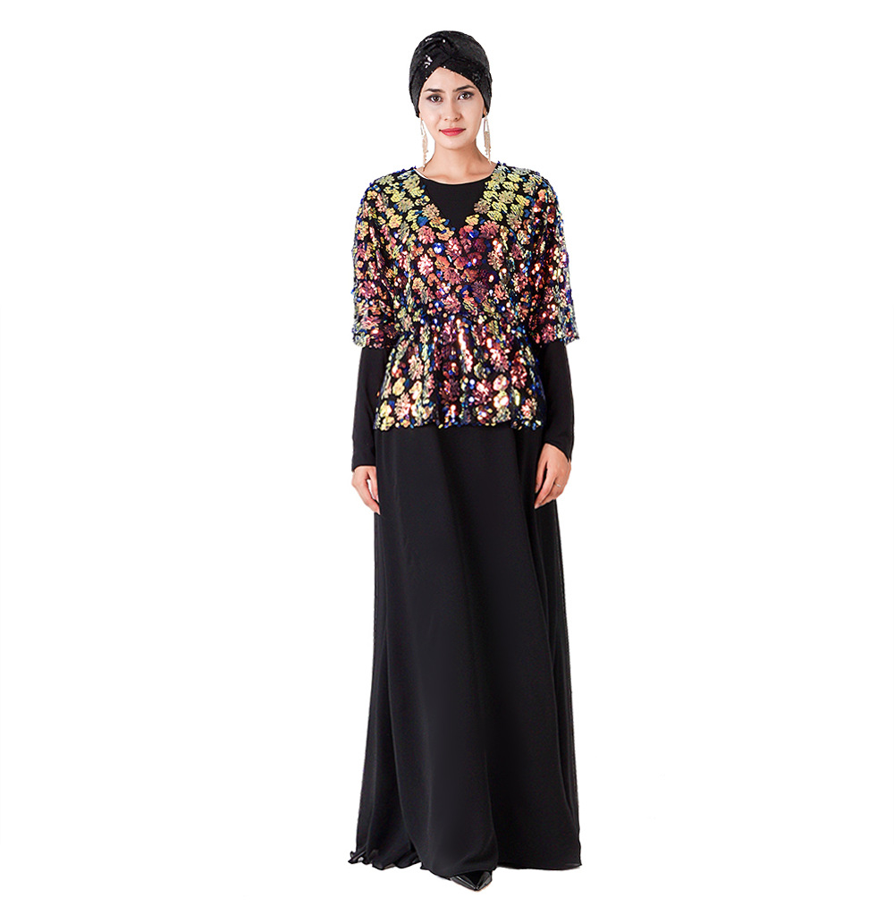 Sequined Embroidered Chiffon Elastic Waist Dress Long Sleeves Muslim Islamic Abaya (10)