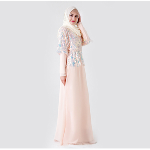 Sequined Embroidered Chiffon Elastic Waist Dress Long Sleeves Muslim Islamic Abaya