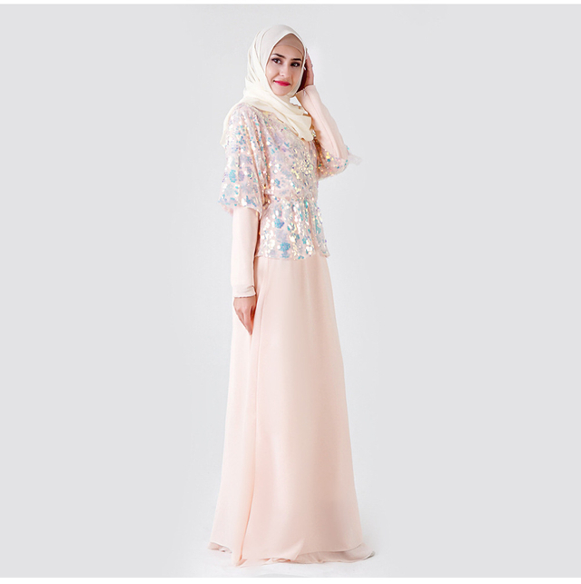 Sequined Embroidered Chiffon Elastic Waist Dress Long Sleeves Muslim Islamic Abaya