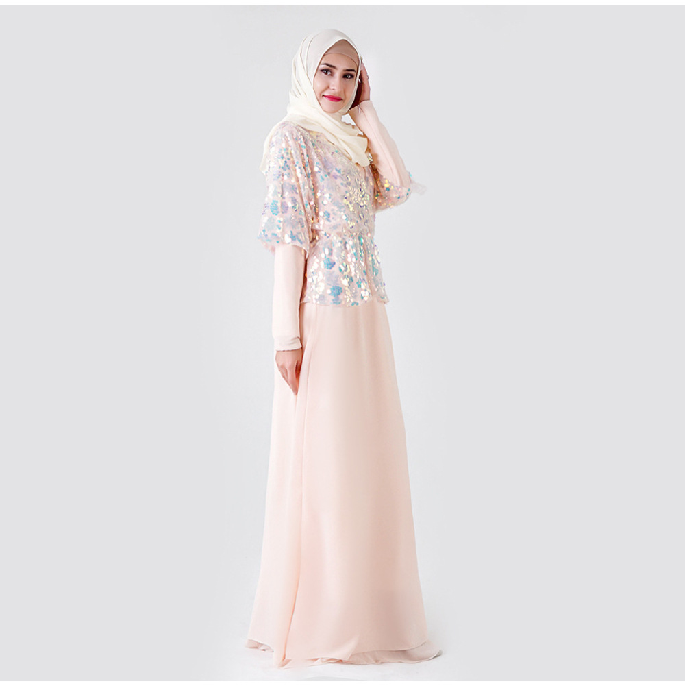 Sequined Embroidered Chiffon Elastic Waist Dress Long Sleeves Muslim Islamic Abaya