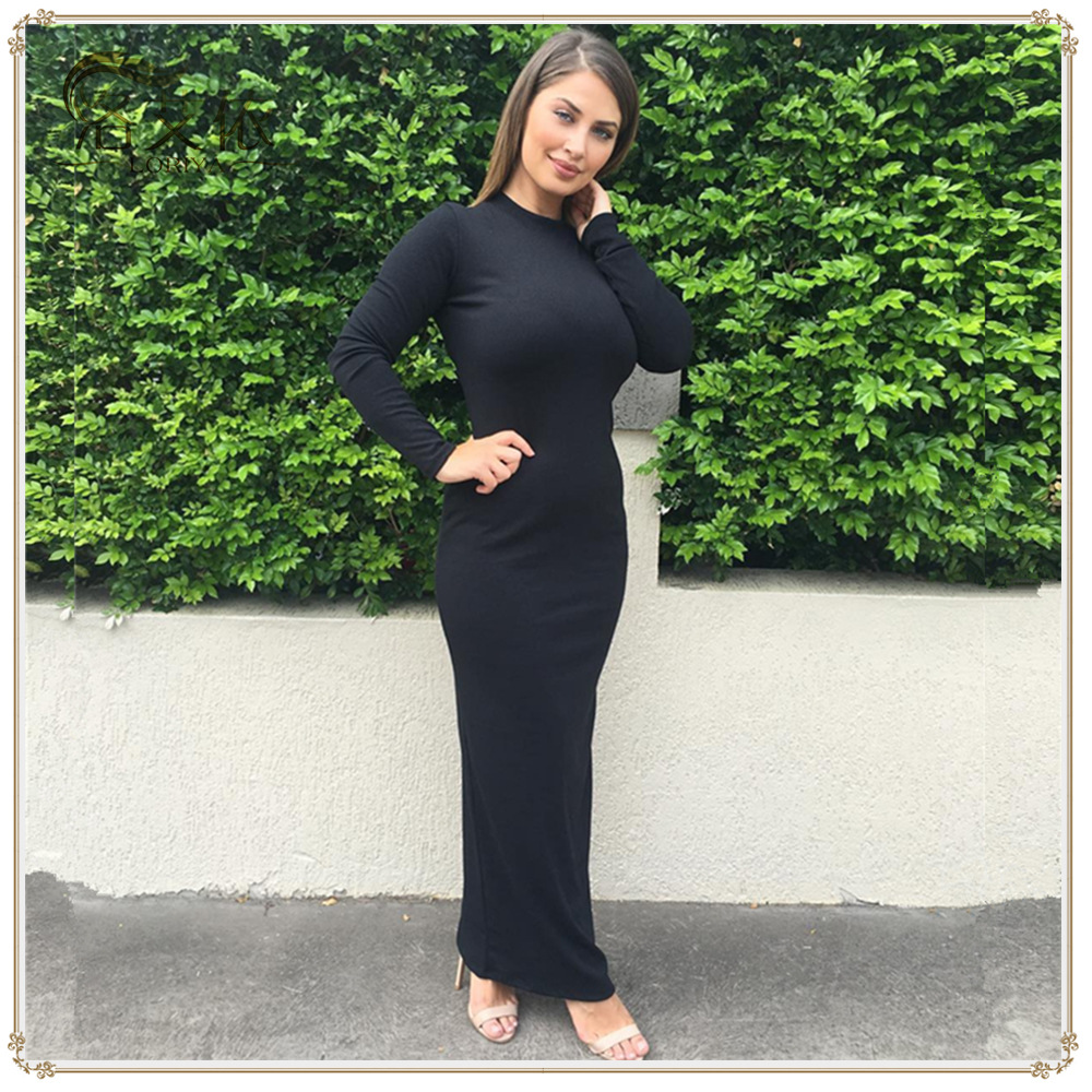 Round Neck Long Sleeves Bodycon Casual Dresses Simple Design Islamic Clothing