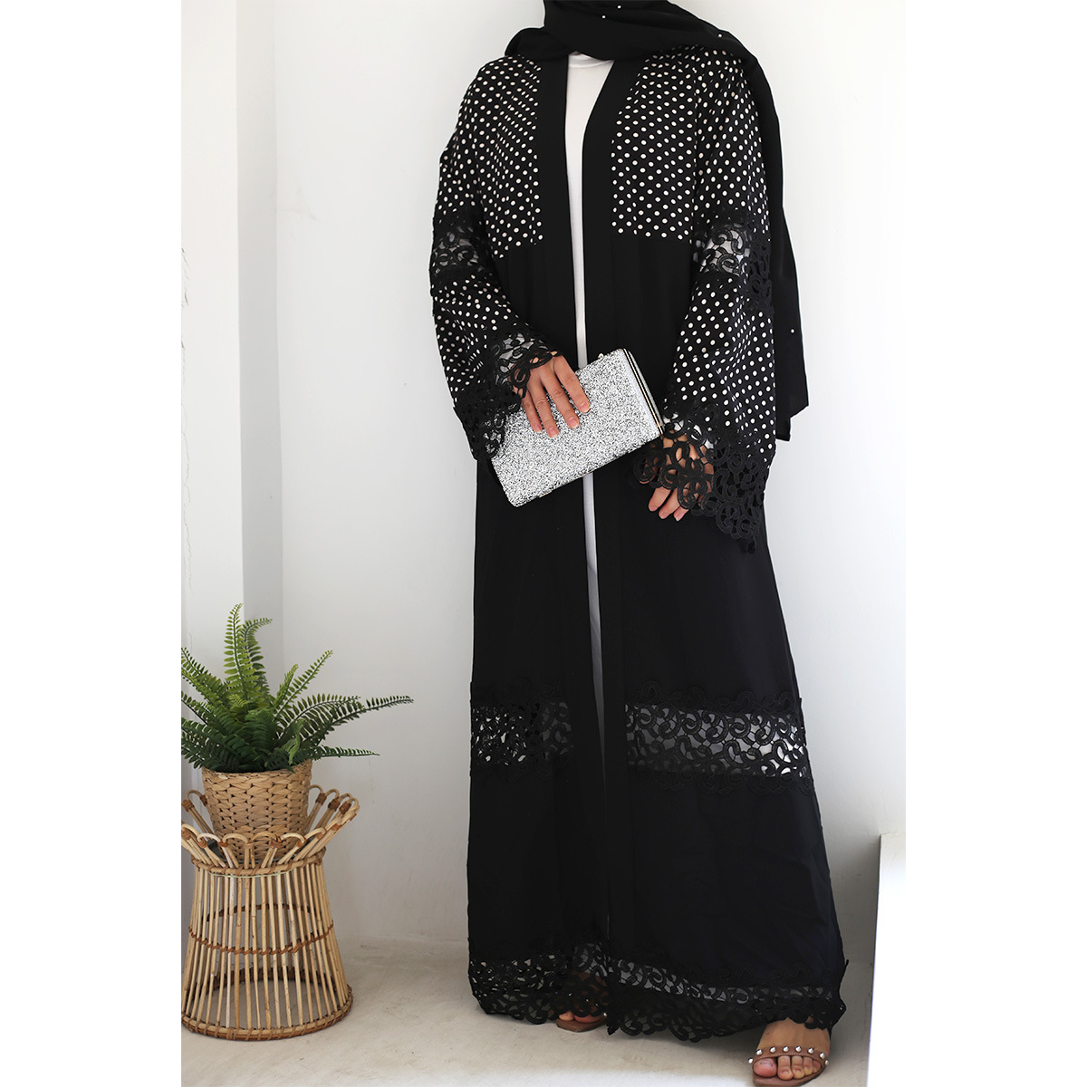 New Fashion Black Lace Stitching Polka Dot Turkish Islamic Cardigan Muslim Open Abaya (7)