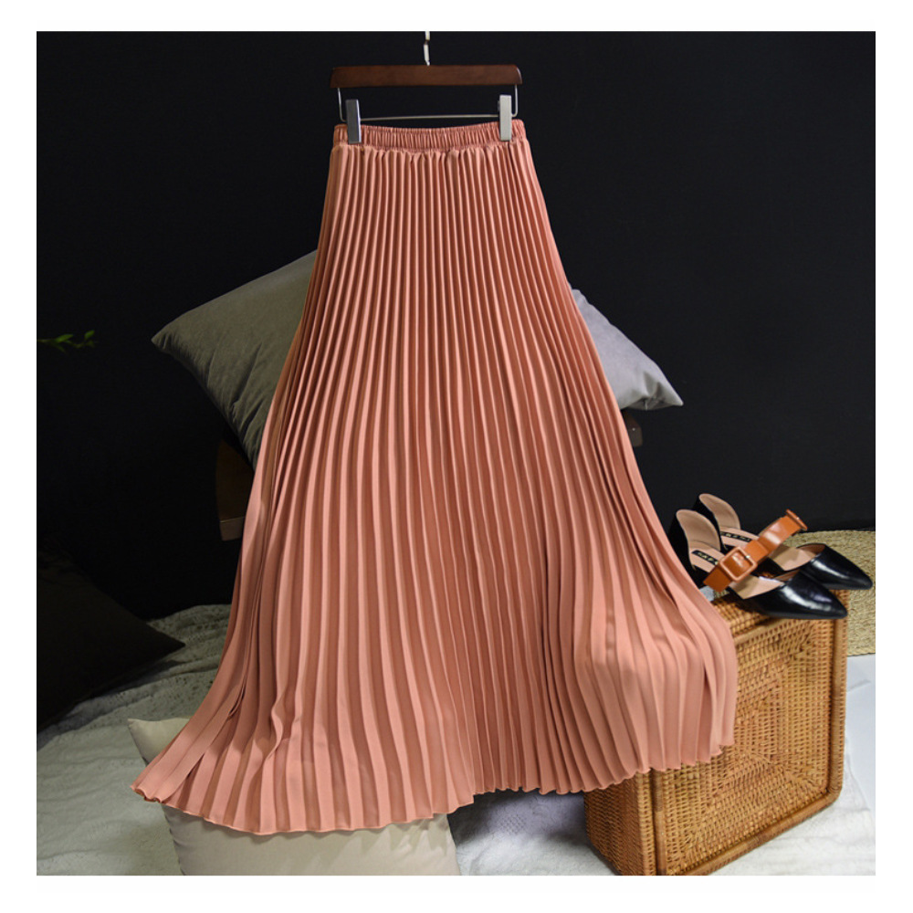 Casual Pure Solid Color Chiffon Elastic Waist Long Pleated Dress Muslim Islamic Skirt (5)
