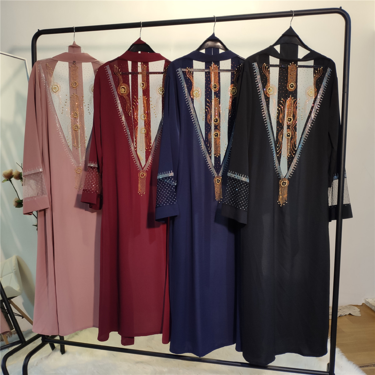 Modest Womens Mesh Fabric Stitching Beading Muslim Cardigan Open Abaya (19)