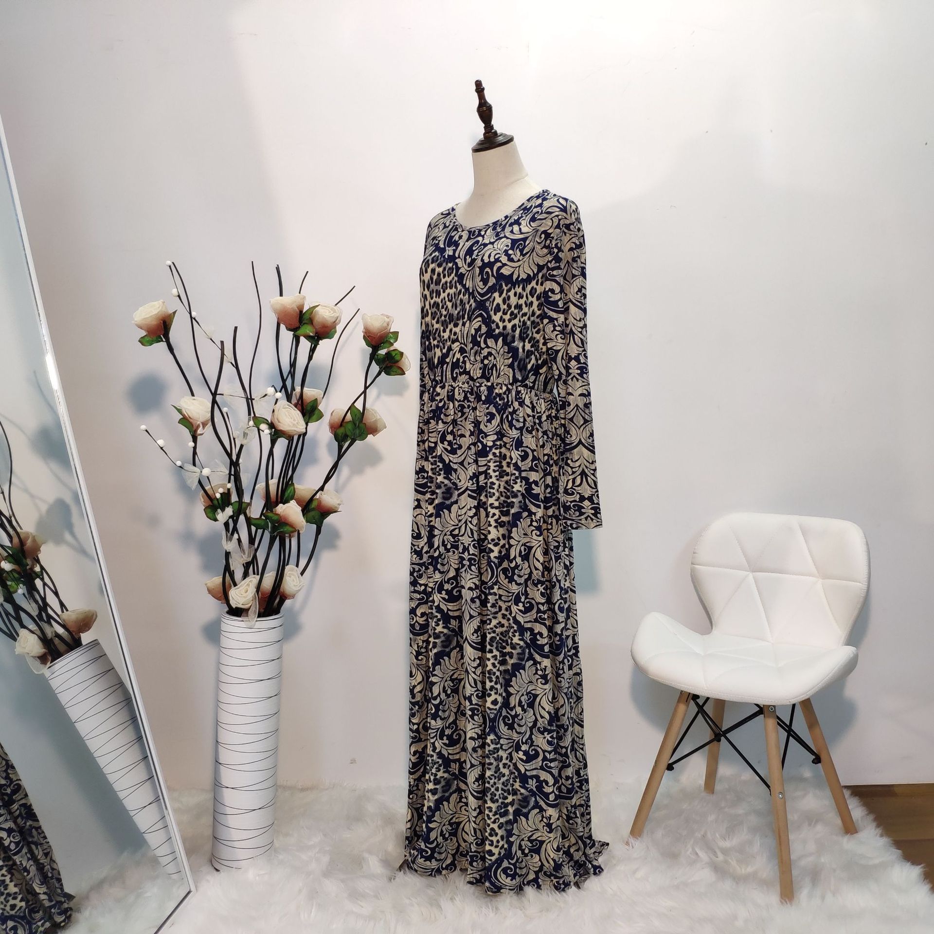 Modest Plus Size Retro Printed Dress Bohemian Muslim Islamic Abaya Maxi Dress (3)