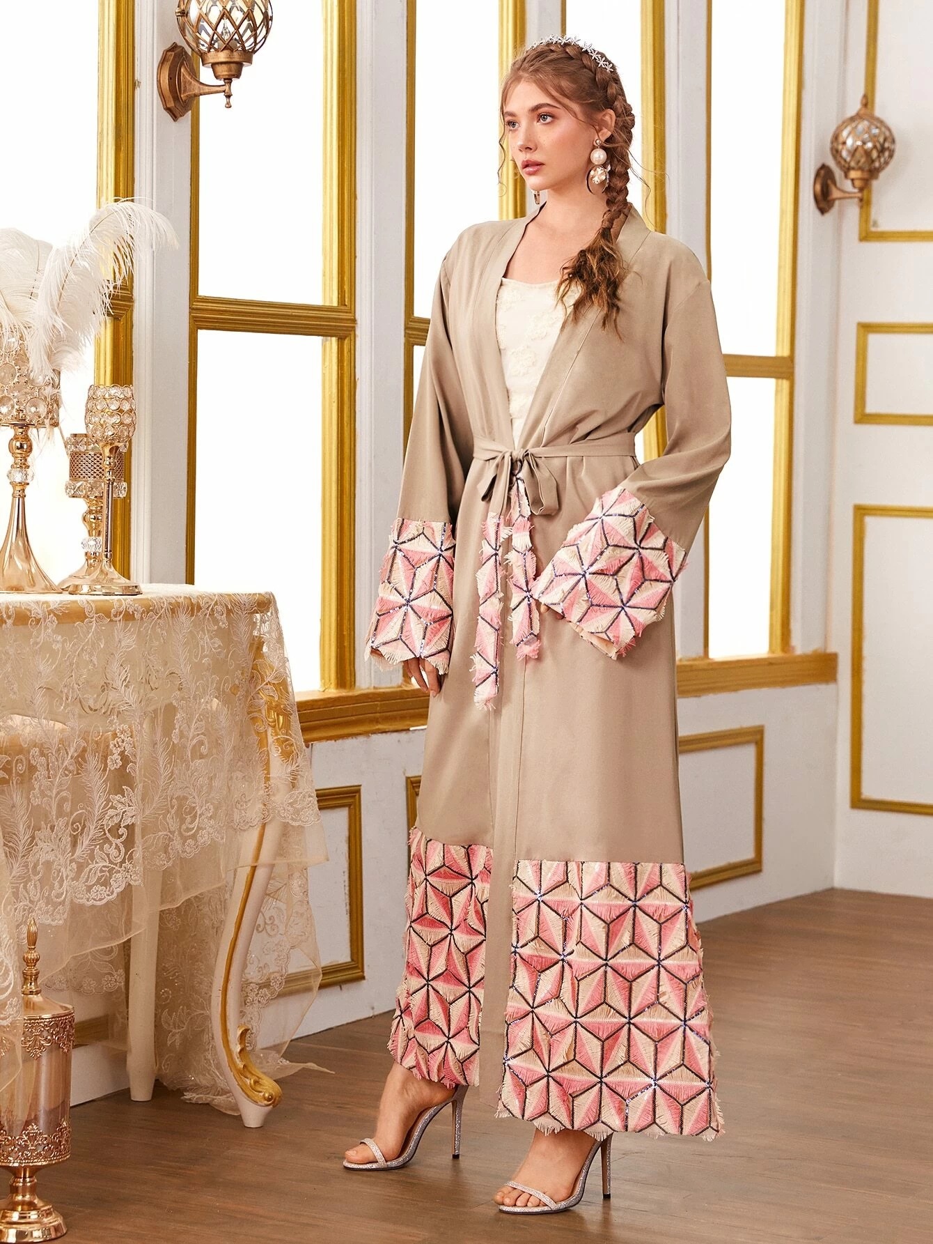 Middle East Muslim Modest Islamic Stitching Lace-up Dubai Arab Cardigan Abaya