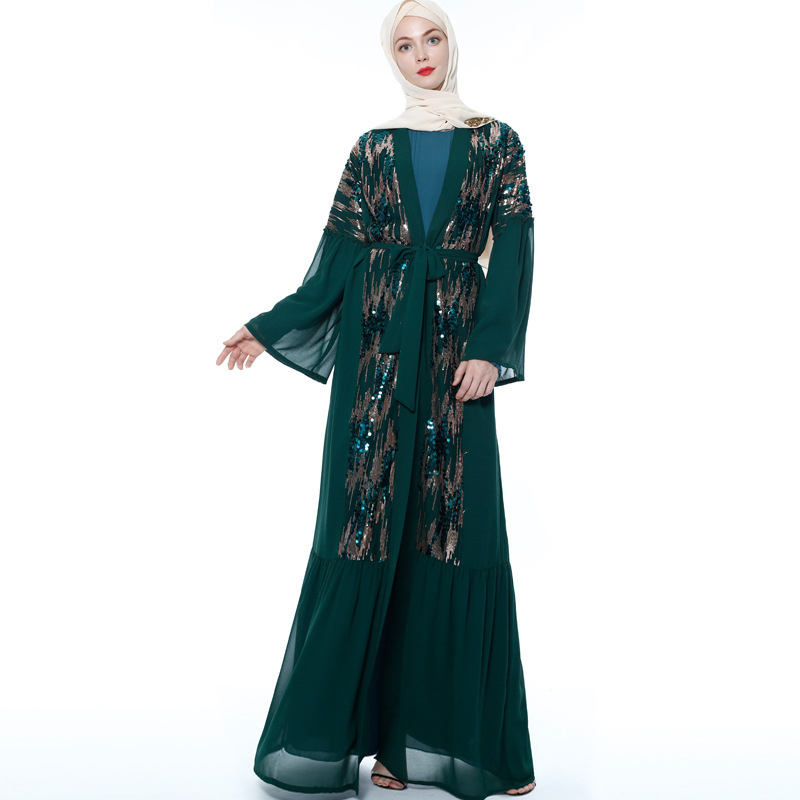 Middle East Sequin Stitching Cardigan Muslim Modest Kaftan Chiffon Kimono Open Abaya