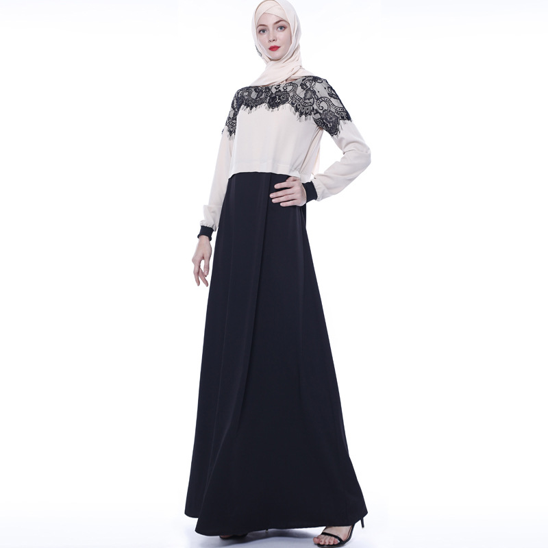 Elegant Color Matching Muslim Maxi Dress Islamic Women's Lace Dress Abaya