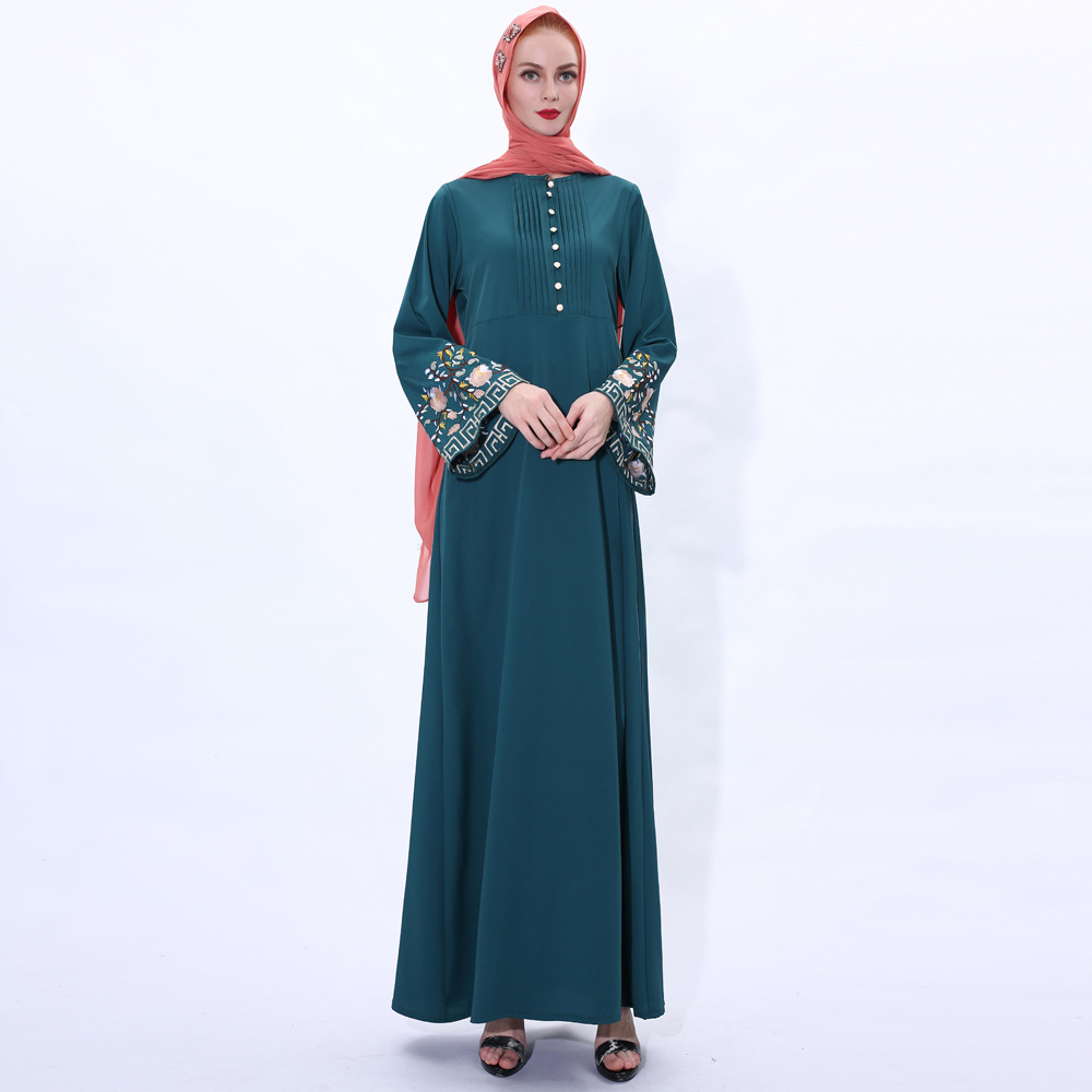 2021 Embroidered Trumpet Sleeve Dress Modest Retro A-line Slim Muslim Abaya (8)