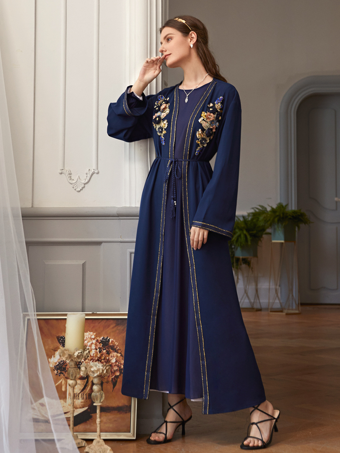 Handmade Floral Muslim Islamic Open Abaya Kimono Modest Maxi Dress