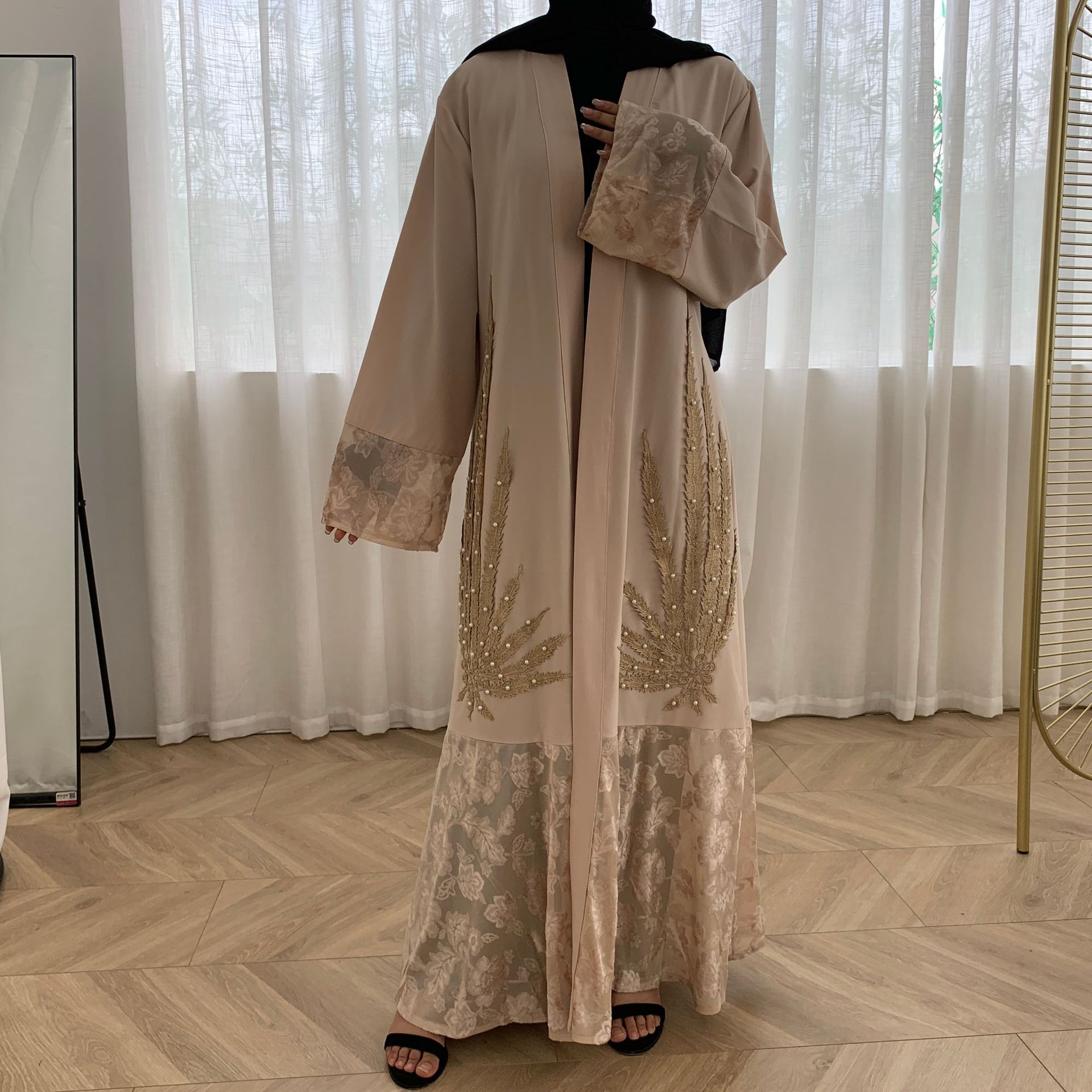 Elegant Plain Beading Maxi Dress Front Opened Open Abaya Kimono Cardigant