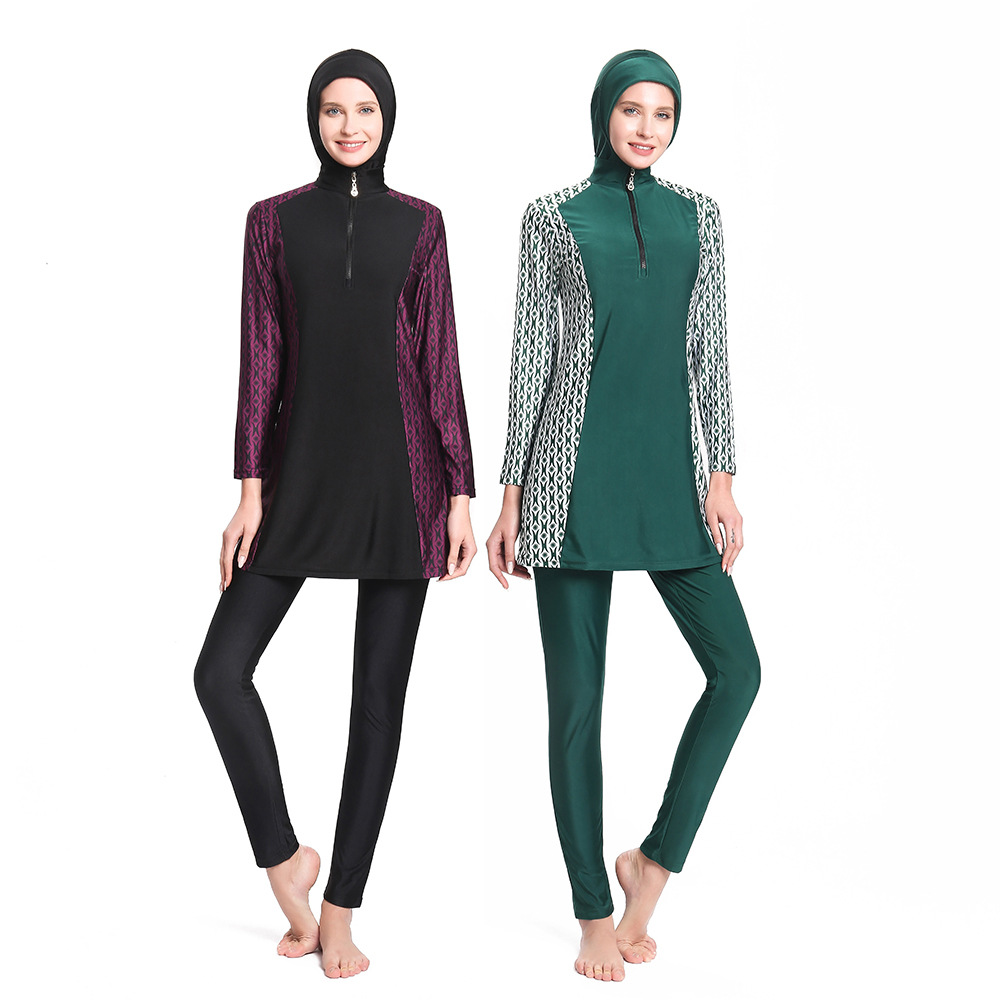 Conservative Swimsuit Three-piece Suit, Customizable Zippered Hooded Tight-fitting Swimsuit