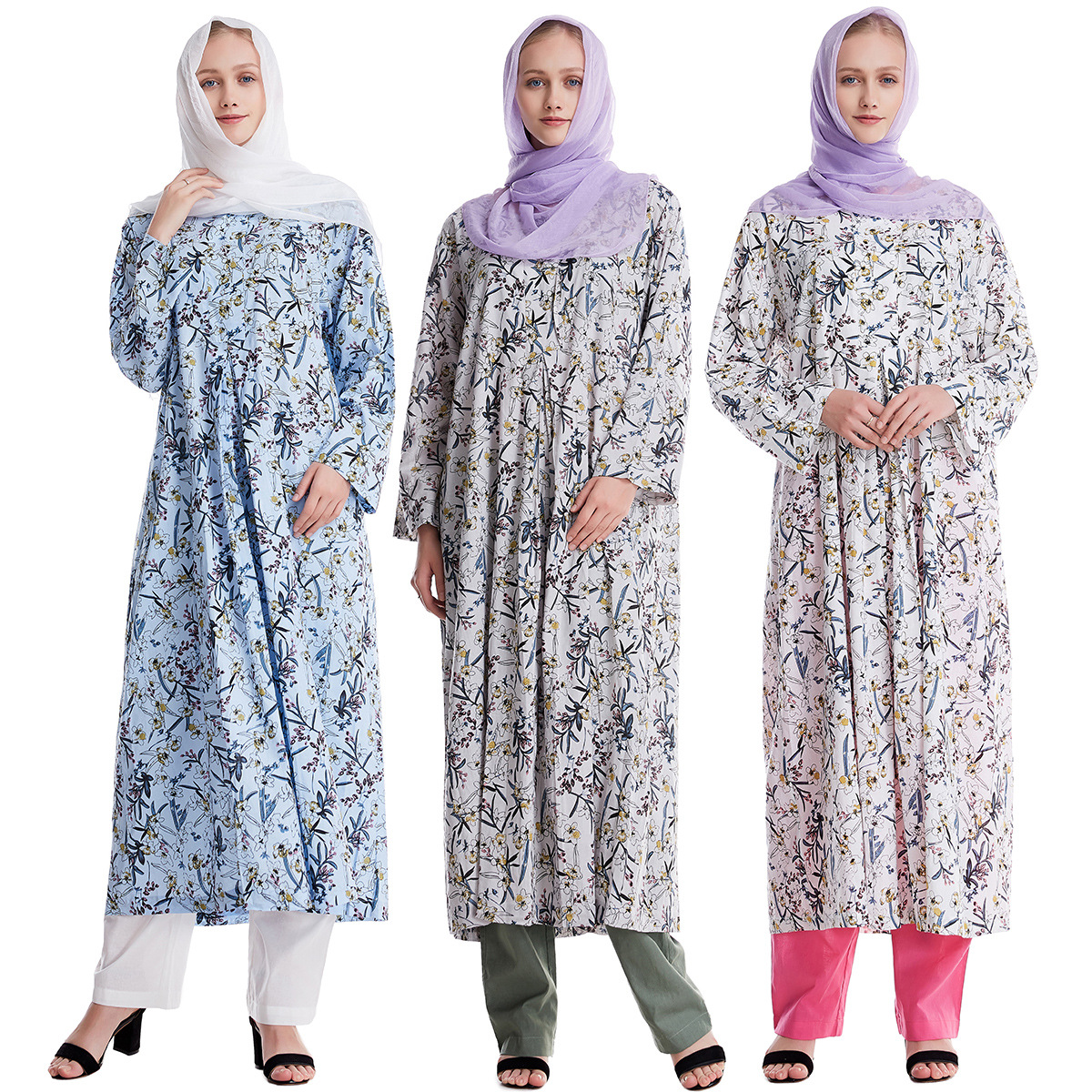 Embroidered Long Sleeve Cotton Floral Muslim 2 Piece Sets Islamic Women Clothing Baju Kurung