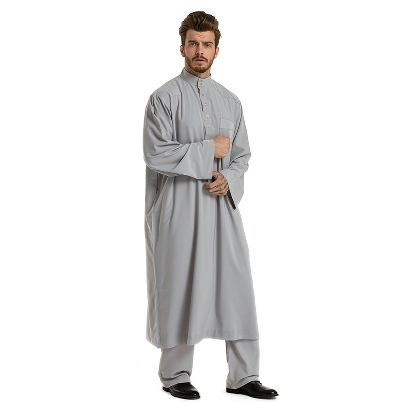 Middle East Pocket Pure Clolor Modest Muslim Islamic Round Collar Man Thobe (9)