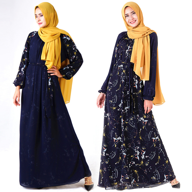 Chiffon Arabic Casual Robe Printed Loose Islamic Modest Muslim Women Maxi Dresses Abaya