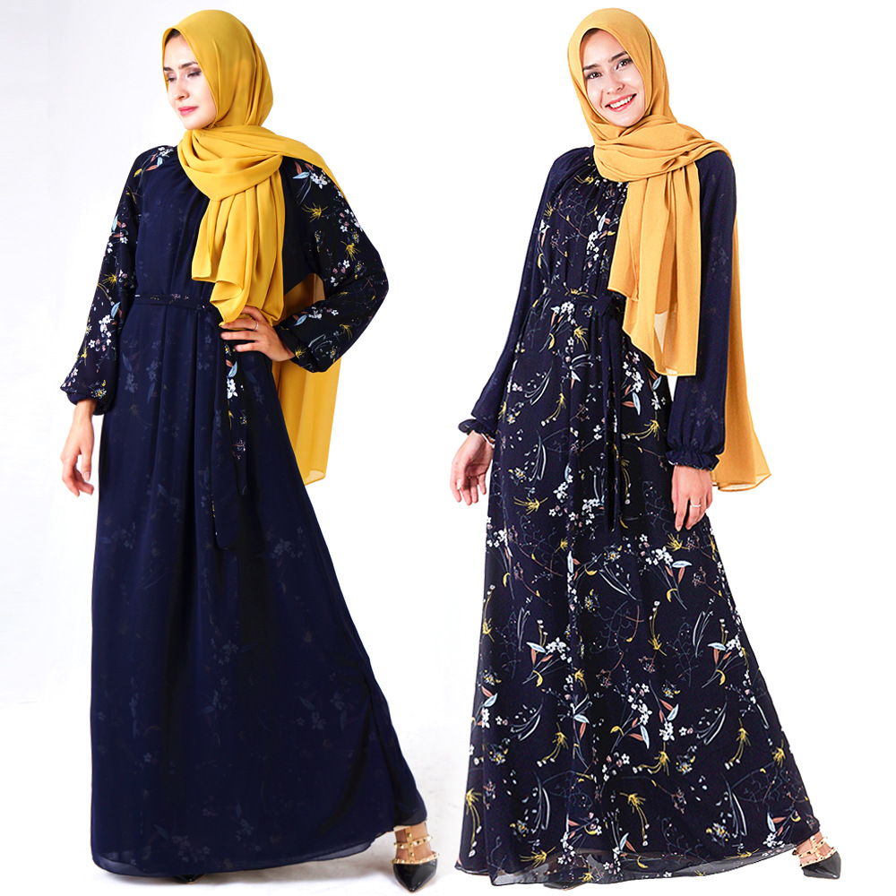 Chiffon Arabic Casual Robe Printed Loose Islamic Modest Muslim Women Maxi Dresses Abaya