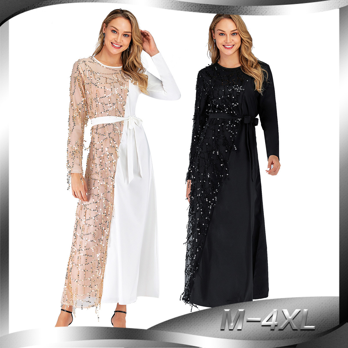 New Stitching Glittering Sequined Muslim Clothing Ramadan Arabic Islamic Dress