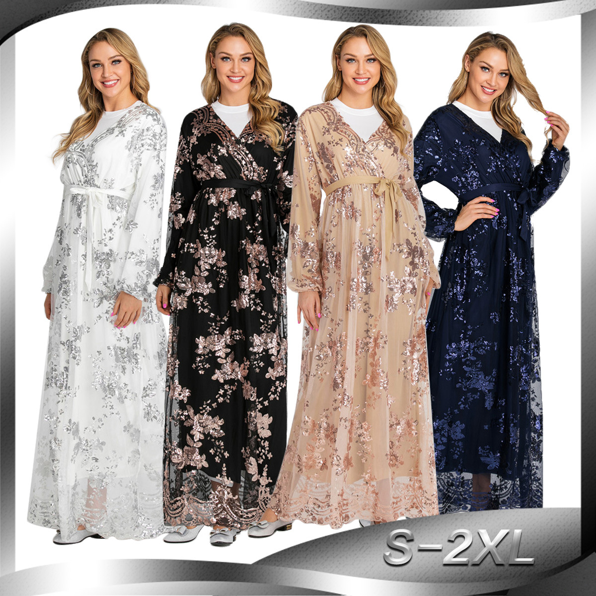 Luxury High-end Lace Fashion Hot Stamping Temperament Long-sleeved Dress Middle East Dubai Dress Long Skirt