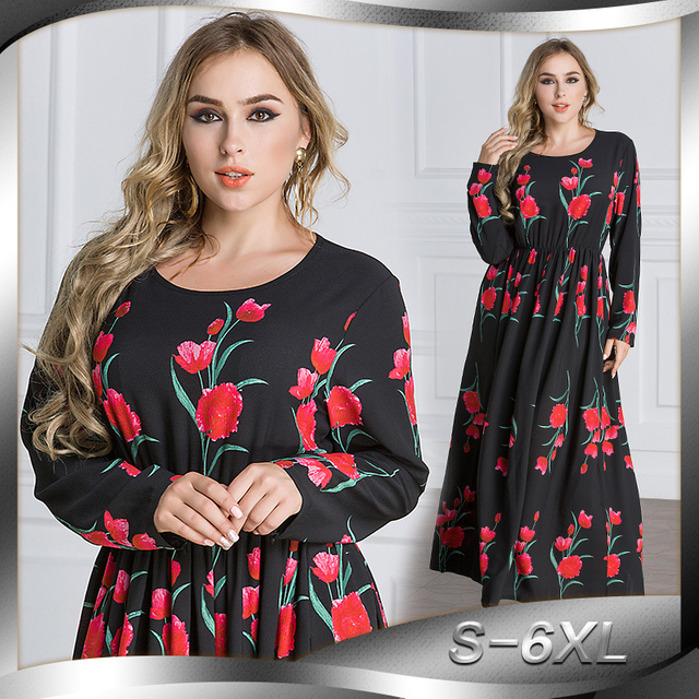 Amazon Muslim Malay Fashion Big Rose Print Robe Dubai Dress