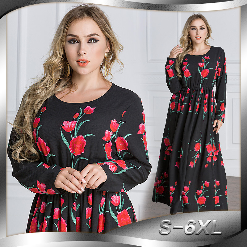 Amazon Muslim Malay Fashion Big Rose Print Robe Dubai Dress