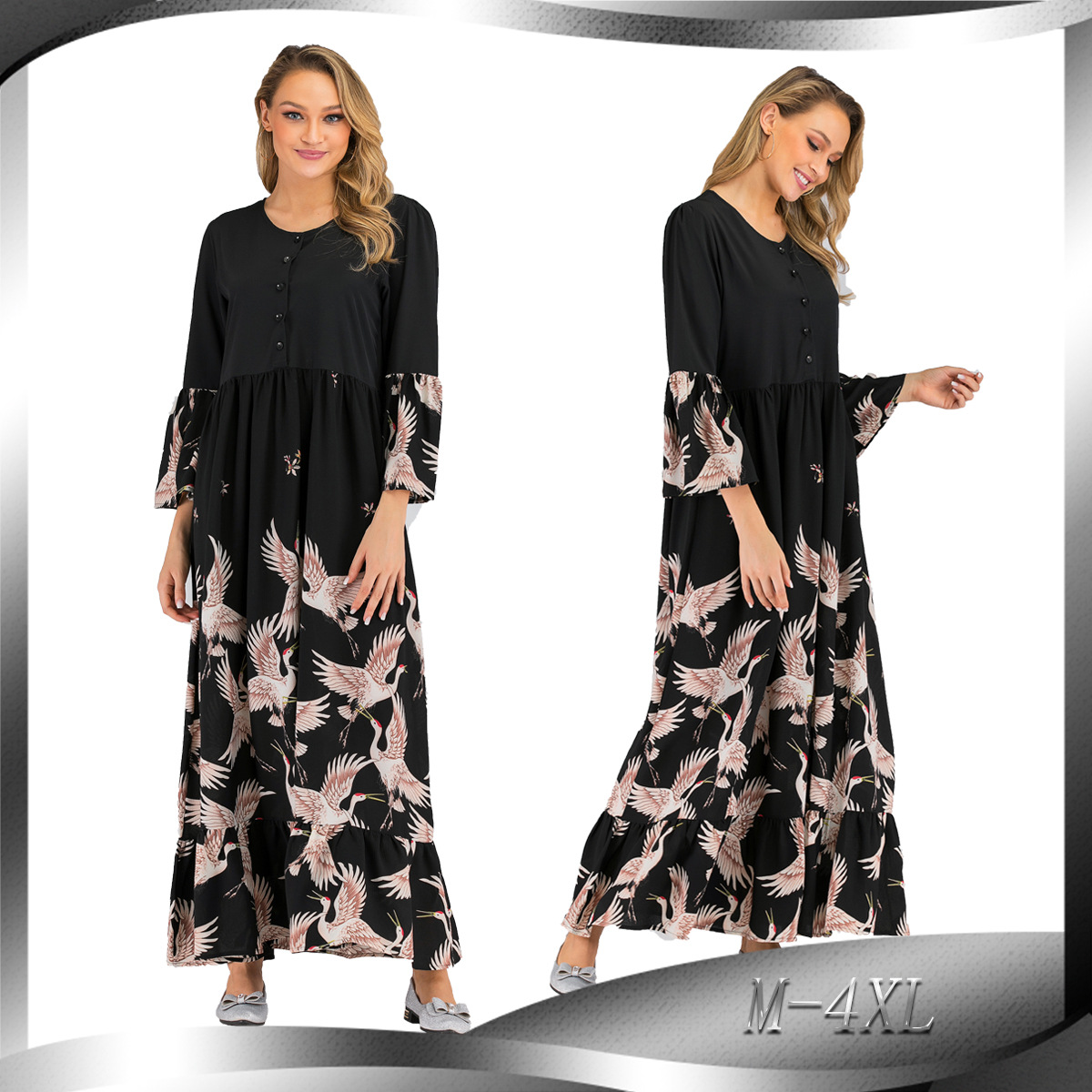 2022 European And American New Style Fashion Printing Mid-length-sleeved Loose Casual Plus Size Women's Dress