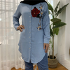 2022 Spring And Autumn Muslim Fashion Women's Casual All-match Embroidered Lapel Long-sleeved Slim Plus Size Denim Top