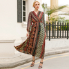 Muslim Printed V-neck Robe Modest Fashion Middle East Islamic Maxi Dresses Loose Abaya