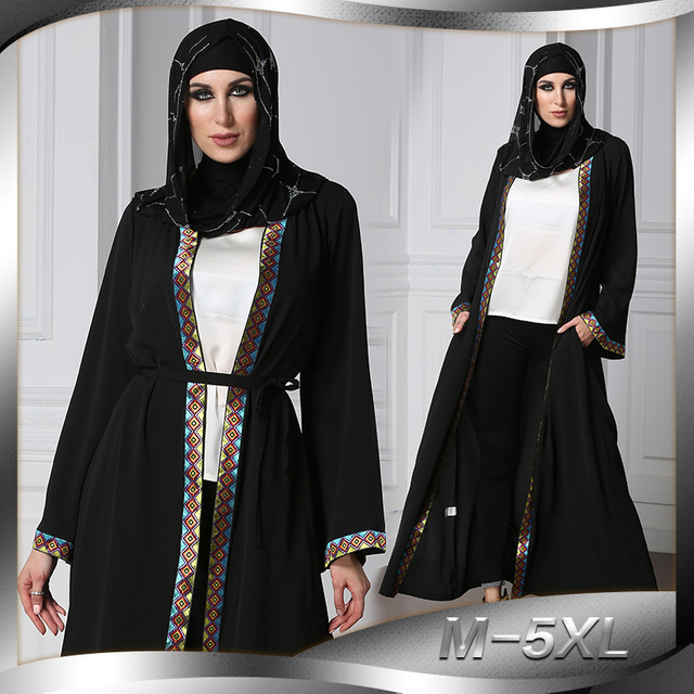 Muslim Arabian Fashion Long Coat Loose Large Size Paris Beads Retro Stitching Long Sleeve Robe