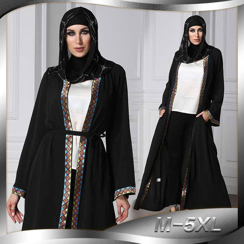 Muslim Arabian Fashion Long Coat Loose Large Size Paris Beads Retro Stitching Long Sleeve Robe