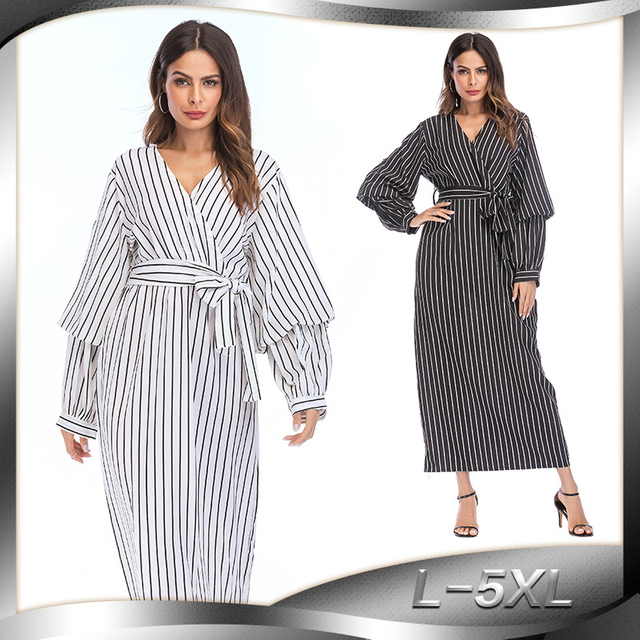European And American Muslim Fashion Fashion Plus Size Bow Loose Waist Long-sleeved Dress