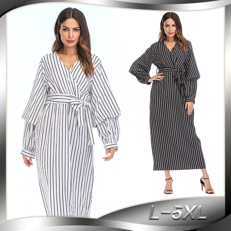 European And American Muslim Fashion Fashion Plus Size Bow Loose Waist Long-sleeved Dress