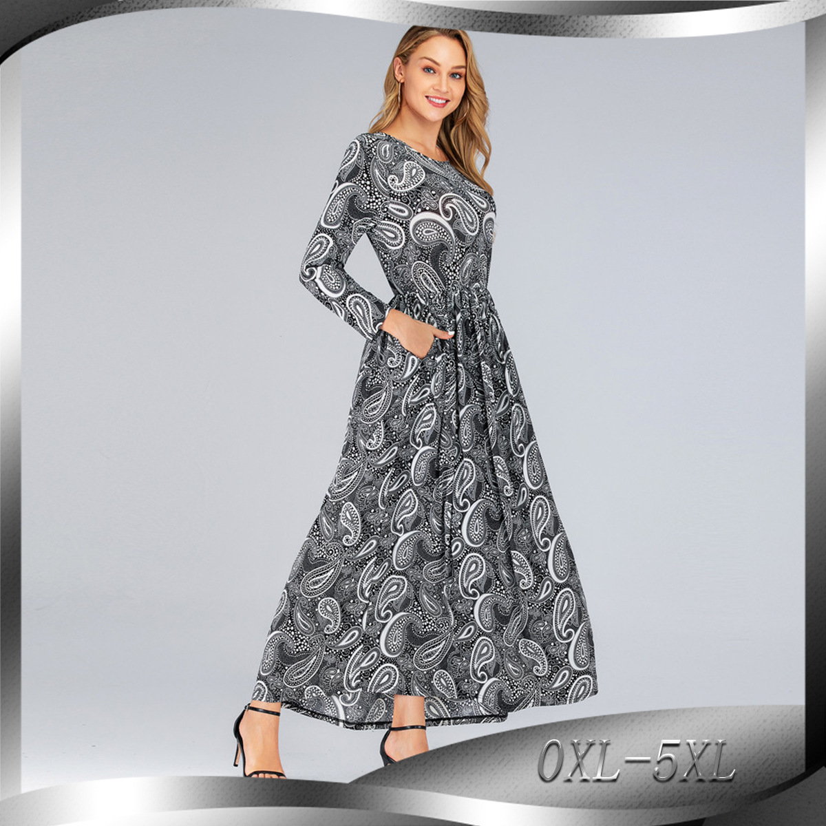 European And American Plus Size Women's Wear Round Neck Long Sleeve Slim Fit Dress