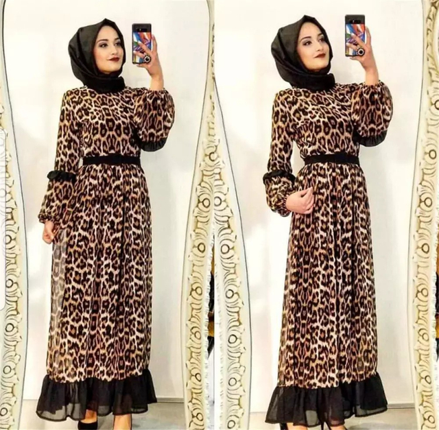 Middle Eastern Fashion Leopard Print New Muslim Dress Chiffon Stitching Large Swing Dress