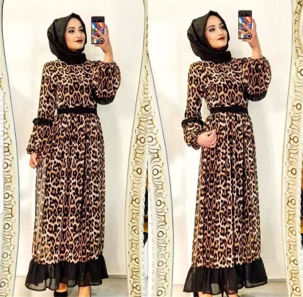 Middle Eastern Fashion Leopard Print New Muslim Dress Chiffon Stitching Large Swing Dress