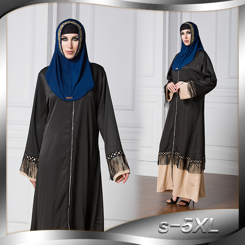 Fringed Lace Stitching Fashion Fashion Long Skirt Islamic Women's Zipper Cardigan Robe Dubai Hot Style