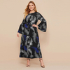 New Fashion Robe Paris Beads Ethnic Muslim Printed Long-sleeved Stitching Plus Size Women's Dress