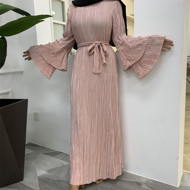 Foreign Trade Plus Size Women's Fashion Pleated Long-sleeved Beaded Muslim Dress Dress