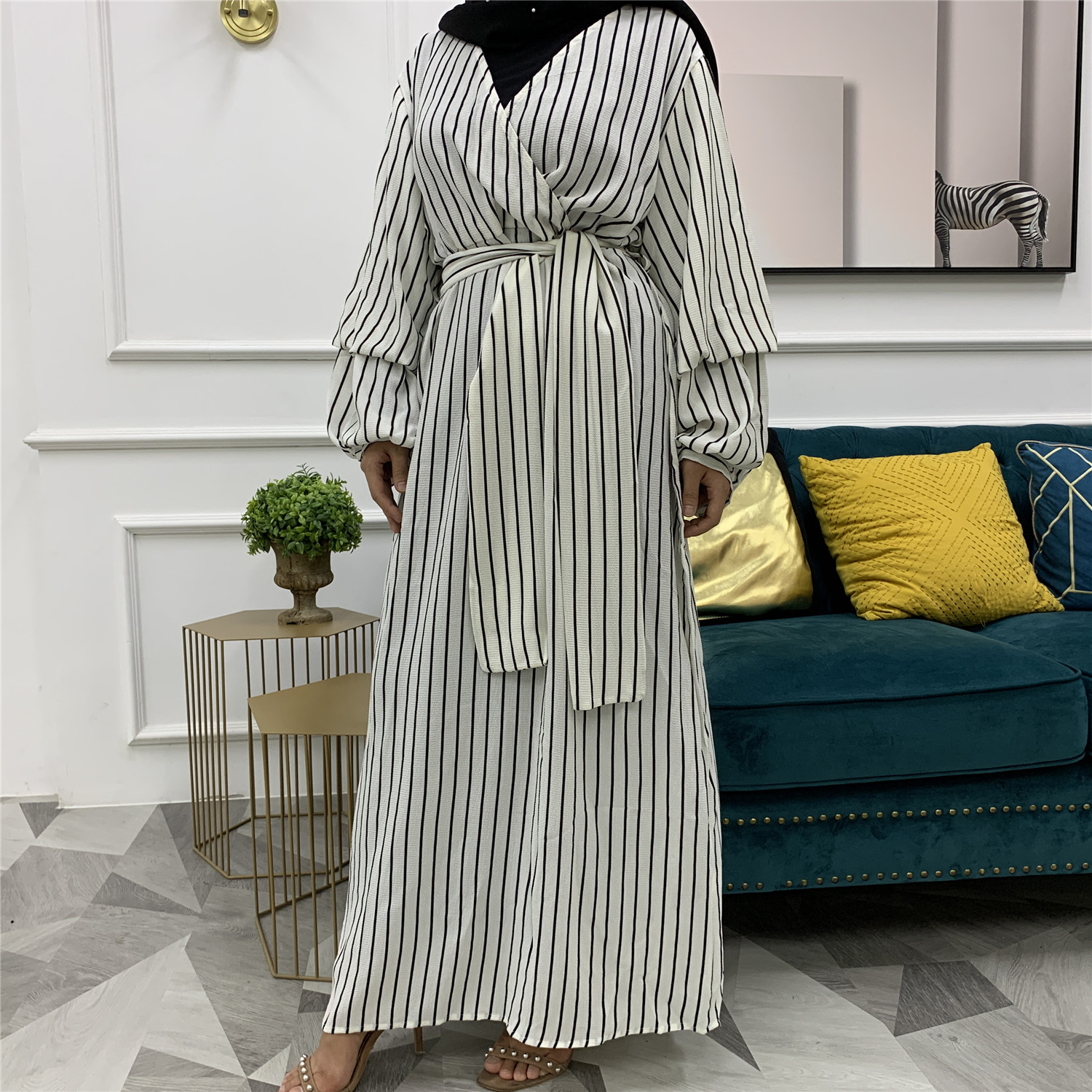 European And American Muslim Fashion Plus Size Women's Pile Sleeves Slim Dress Long Skirt