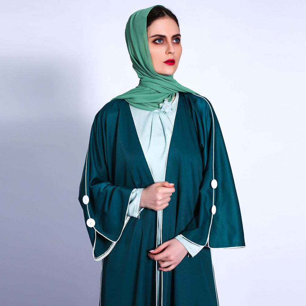 INS New Card White Ribs with Muslim Women's Solid Color Loose Waist Cardigan Abaya Cross-border 1307