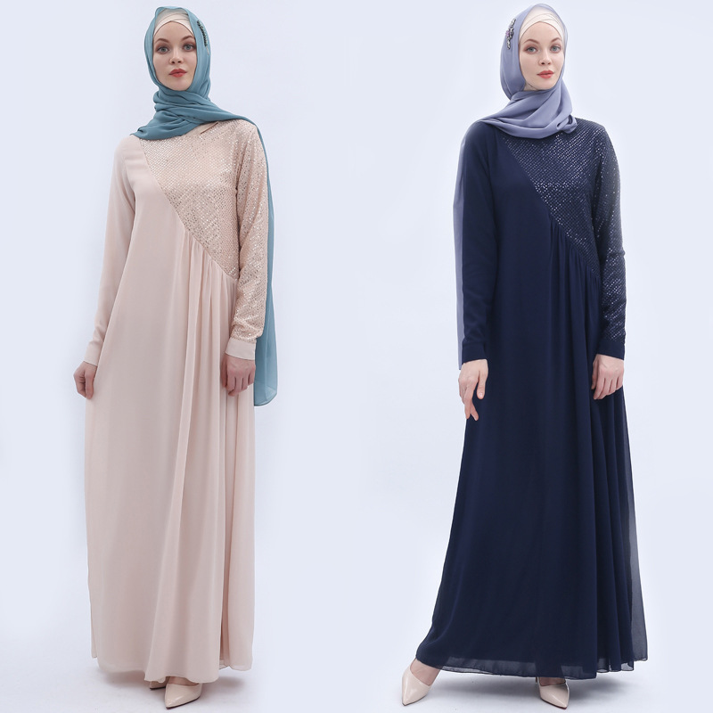 Sequined Chiffon Middle East Muslim Diagonal Long Sleeve Dress Spot Muslim Dress