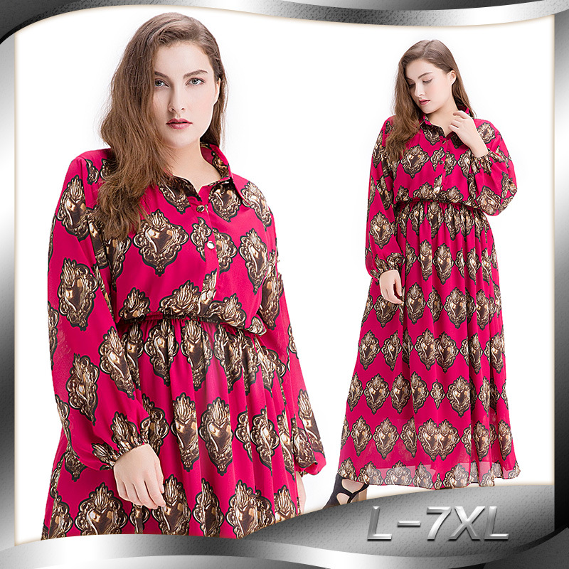Long-sleeved Plus Size Dress New Style Sacred Heart Printed Lantern Sleeve Chiffon Foreign Trade Explosion Waist Bohemia