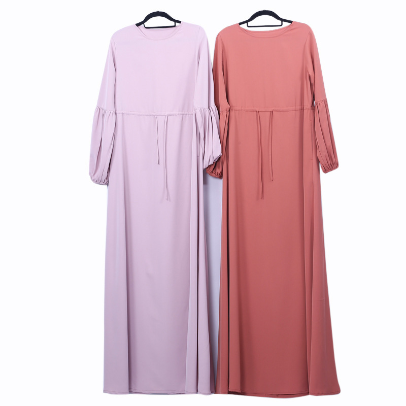 Spot Solid Color Lantern Sleeve Elastic Cuff Dress Arab Dress Student Abaya Dress