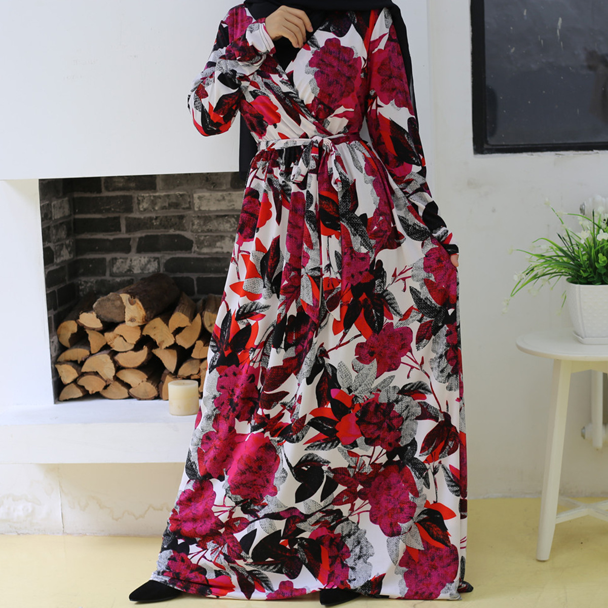 2022 AliExpress Amazon Women's Fashion Print V-neck Slim Long Sleeve Muslim Dress