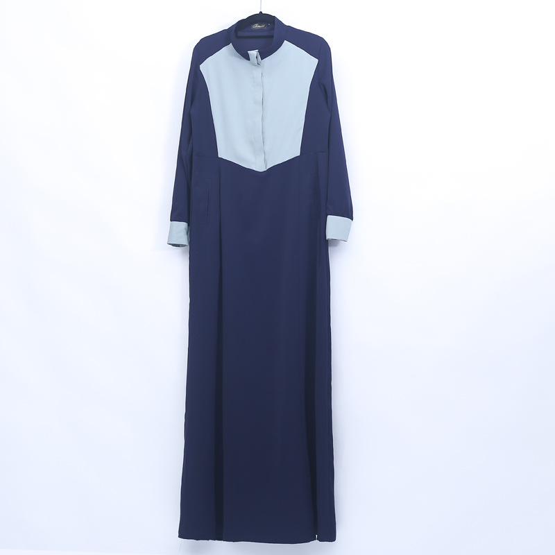 Fashion color matching stand-up collar Muslim female robe Islamic Maxi long sleeve dress