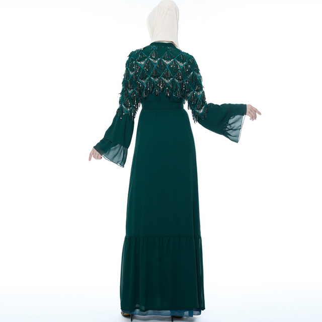 Islamic Sequin Tassel Chiffon Outer Flared Sleeve Female Muslim Long Skirt Open Kimono
